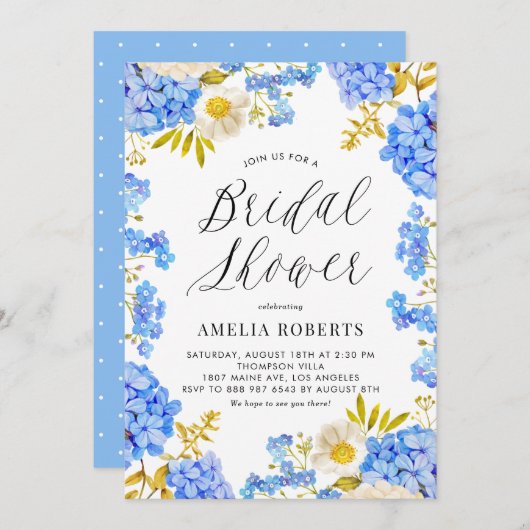 ブルーウォーターカラーアジサイフローラブライダルシャワー 招待状 (正面/裏面)