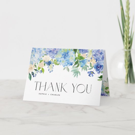 ブルーウォーターカラーアジサイフローラ結婚ズ サンキューカード (正面)