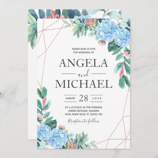 ブルーウォーターカラーアジサイフローラ結婚ズ 招待状 (正面/裏面)