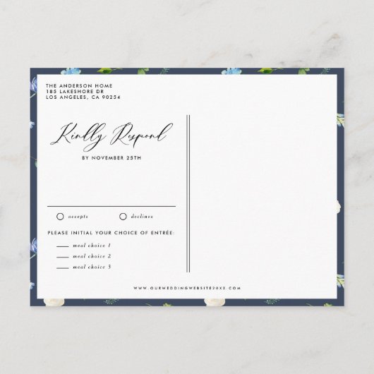 ブルーウォーターカラーアジサイ冬結婚フローラ インビテーションポストカード (裏面)