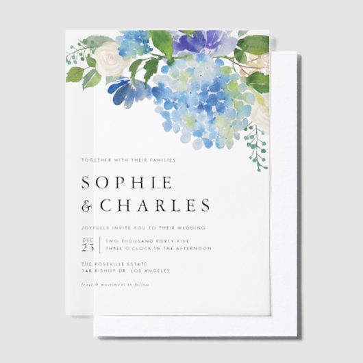 ブルーウォーターカラーアジサイ冬結婚フローラ ベラム紙招待状 (オフセット)