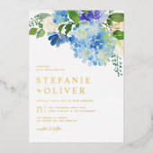 ブルーウォーターカラーアジサイ冬結婚フローラ 箔招待状 (正面)