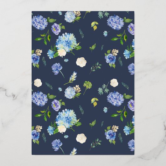 ブルーウォーターカラーアジサイ植物学結婚の 箔招待状 (裏面)