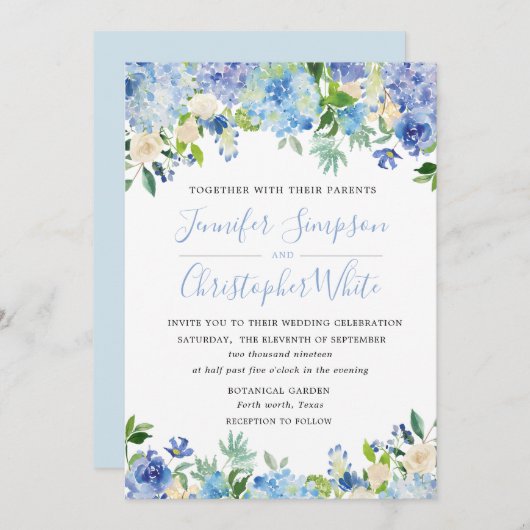 ブルーウォーターカラーアジサイ結婚式招待状カード 招待状 (正面/裏面)