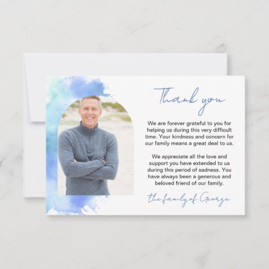 ブルーウォーターカラーアーチフォト悔やみや弔慰ありがとう サンキューカード (正面)