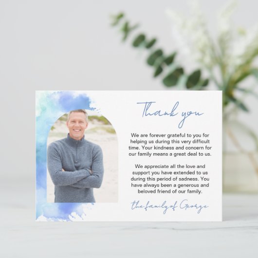 ブルーウォーターカラーアーチフォト悔やみや弔慰ありがとう サンキューカード (スタンド正面)
