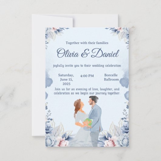 ブルーウォーターカラーイラスト結婚式招待状 招待状 (正面)