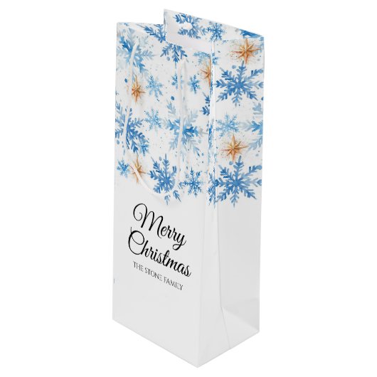 ブルーウォーターカラーウィンタースノーフレークメリークリスマス ワインギフトバッグ (正面アングル)