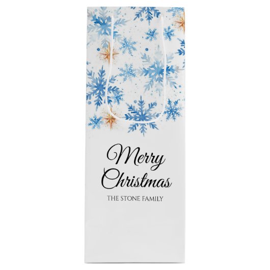ブルーウォーターカラーウィンタースノーフレークメリークリスマス ワインギフトバッグ (正面)