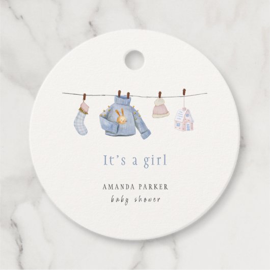 ブルーウォーターカラーガール冬服ベビーシャワー フェイバータグ (正面)