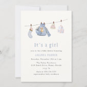 ブルーウォーターカラーガール冬服ベビーシャワー 招待状 (正面)