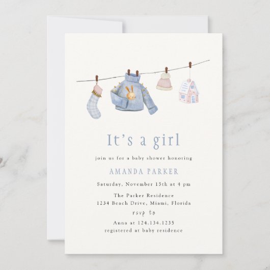 ブルーウォーターカラーガール冬服ベビーシャワー 招待状 (正面)