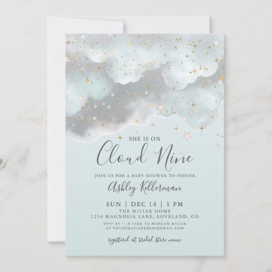 ブルーウォーターカラークラウドナイン赤ちゃんシャワー 招待状 (正面)