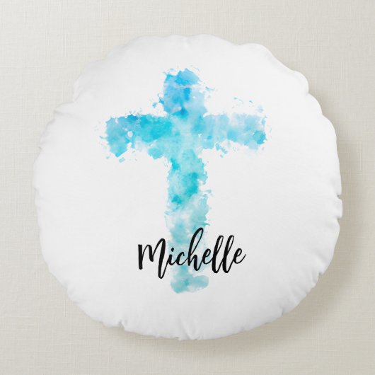 ブルーウォーターカラークリスチャンクロスバプテスマ ラウンドクッション (正面)