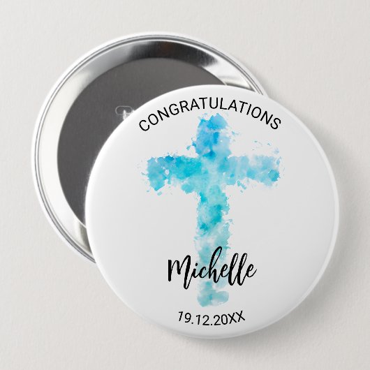 ブルーウォーターカラークリスチャンクロスバプテスマ 缶バッジ (正面&裏面)