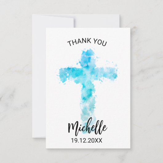 ブルーウォーターカラークリスチャンクロス《キリスト教》洗礼式や命名式 サンキューカード (正面)