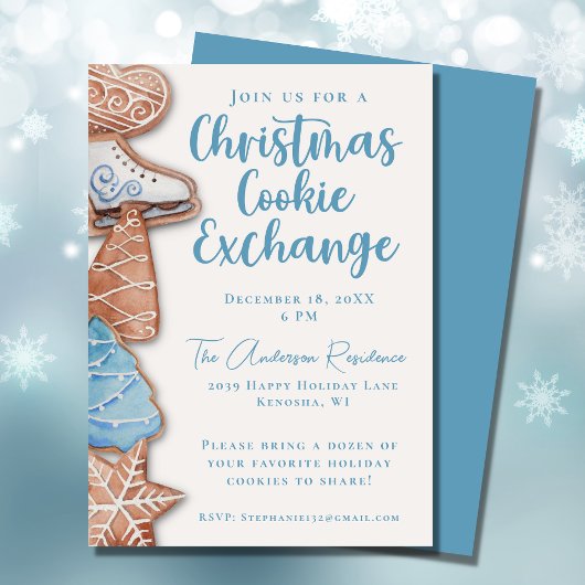 ブルーウォーターカラークリスマスクッキー交換 招待状
