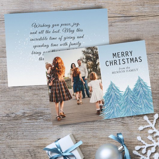 ブルーウォーターカラークリスマスツリー芸術的フォトホー シーズンカード