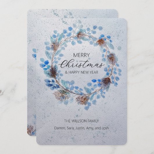 ブルーウォーターカラークリスマスリース シーズンカード (正面/裏面)