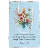 ブルーウォーターカラークロスフラワークリスチャンイースター ミディアムペーパーバッグ (裏面)