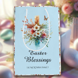 ブルーウォーターカラークロスフラワークリスチャンイースター ミディアムペーパーバッグ