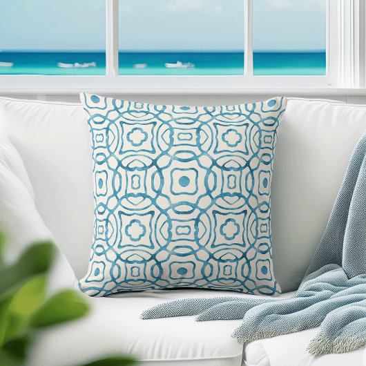 ブルーウォーターカラークローバーブロックプリント クッション