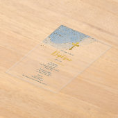 ブルーウォーターカラーグリッター金ゴールドクロスバプティスボーイ アクリル招待状 (レイダウン)