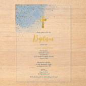 ブルーウォーターカラーグリッター金ゴールドクロスバプティスボーイ アクリル招待状 (正面)