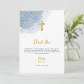 ブルーウォーターカラーグリッター金ゴールドクロスバプティスボーイ サンキューカード (スタンド正面)