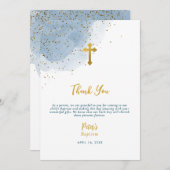 ブルーウォーターカラーグリッター金ゴールドクロスバプティスボーイ サンキューカード (正面/裏面)