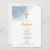 ブルーウォーターカラーグリッター金ゴールドクロスバプティスボーイ 招待状 (正面)