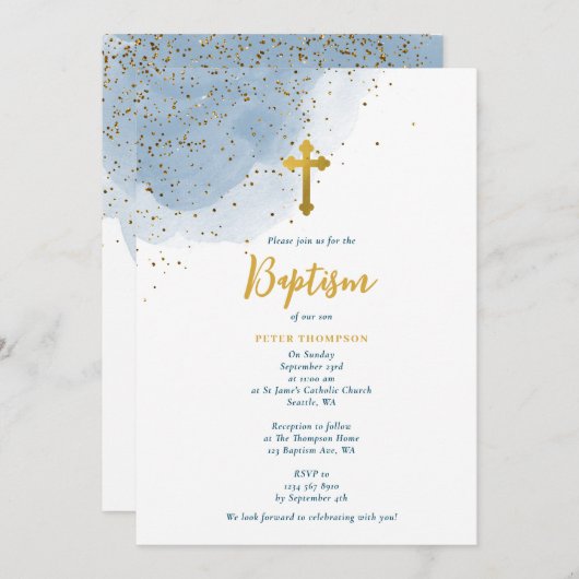 ブルーウォーターカラーグリッター金ゴールドクロスバプティスボーイ 招待状 (正面/裏面)
