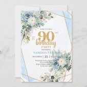 ブルーウォーターカラーゴールドスパークル90歳の誕生日招待状 招待状 (正面)