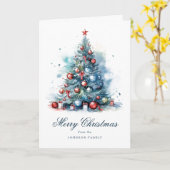 ブルーウォーターカラースタイルクリスマスツリーフォールディング カード (黄色い花)