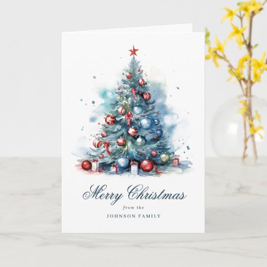 ブルーウォーターカラースタイルクリスマスツリーフォールディング カード (黄色い花)