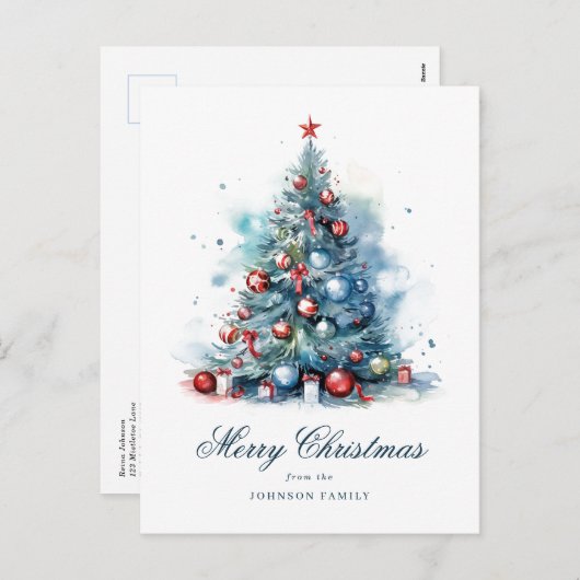 ブルーウォーターカラースタイルクリスマスツリー シーズンポストカード (正面/裏面)