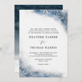 ブルーウォーターカラースノーフレークエレガントウィンターウェディング 招待状 (正面/裏面)