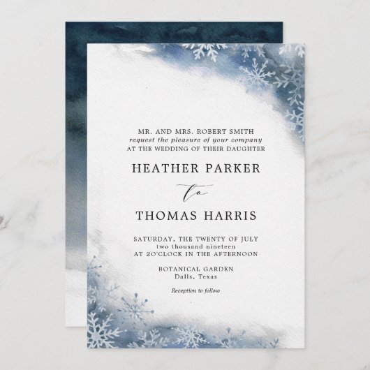 ブルーウォーターカラースノーフレークエレガントウィンターウェディング 招待状 (正面/裏面)