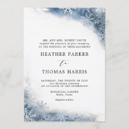ブルーウォーターカラースノーフレークエレガントウィンターウェディング 招待状