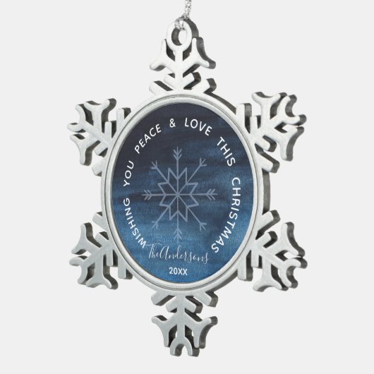 ブルーウォーターカラースノーフレークピース&ラブ スノーフレークピューターオーナメント (右)