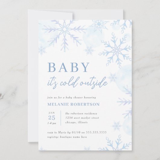 ブルーウォーターカラースノーフレーク冬の男の子ベビーシャワー 招待状 (正面)
