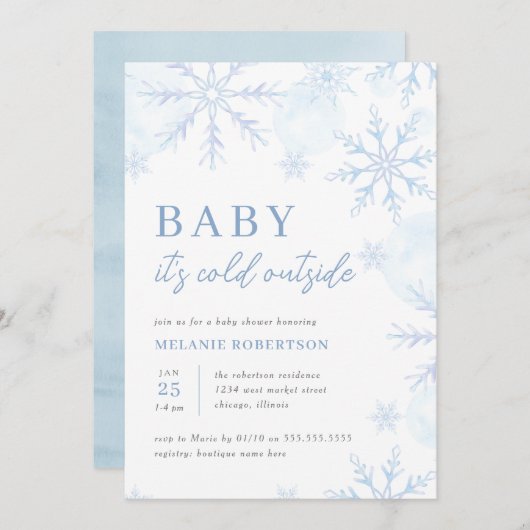 ブルーウォーターカラースノーフレーク冬の男の子ベビーシャワー 招待状 (正面/裏面)