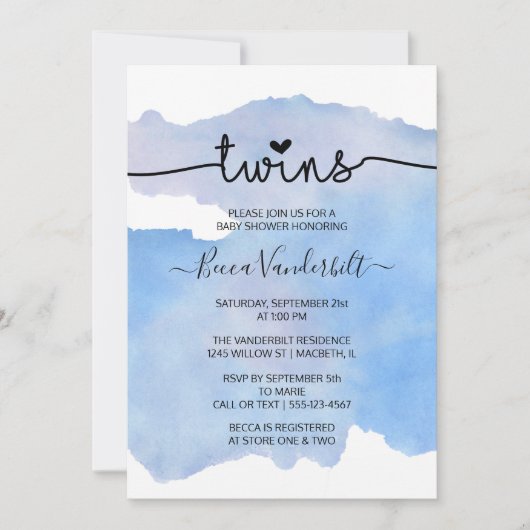 ブルーウォーターカラーツインズベビーシャワー 招待状 (正面)