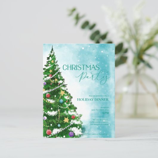 ブルーウォーターカラーツリークリスマスパーティの招待状 ポストカード (スタンド正面)
