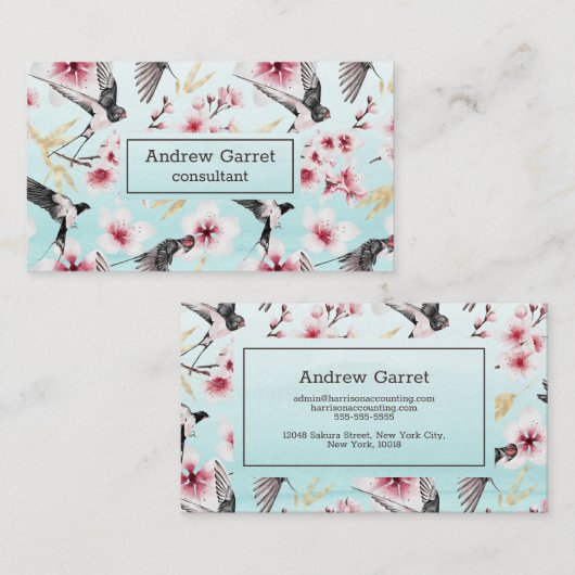 ブルーウォーターカラーツ日本のバメさくらんぼブロッサム 名刺 (正面/裏面)