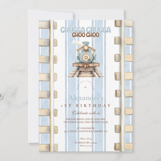 ブルーウォーターカラートレイン1st誕生日 招待状 (正面)
