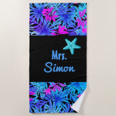 ブルーウォーターカラートロピカルハワイアン ビーチタオル (正面)