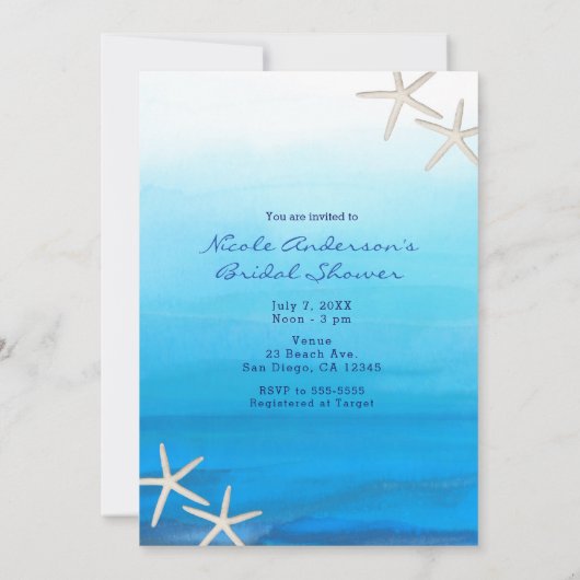 ブルーウォーターカラートロピカルモダンブライダルシャワー 招待状 (裏面)