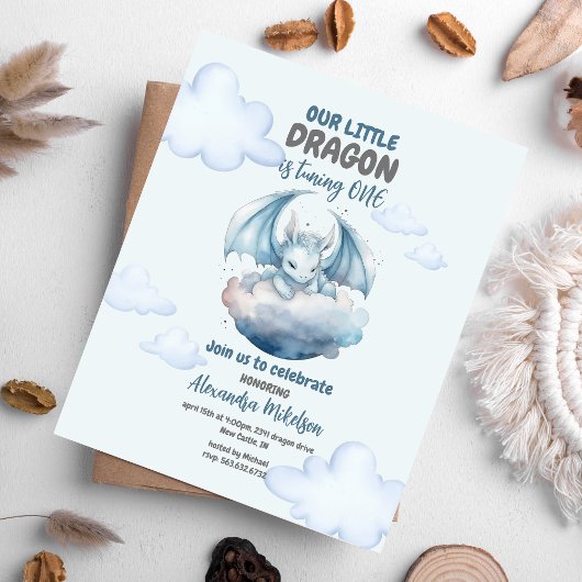 ブルーウォーターカラードラゴンベビー1st誕生日 招待状