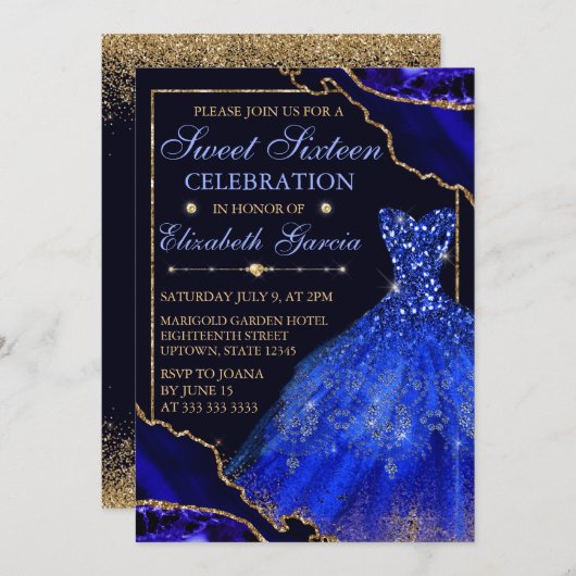 ブルーウォーターカラードレス&グリッターアガテスウィート16 招待状 (正面/裏面)